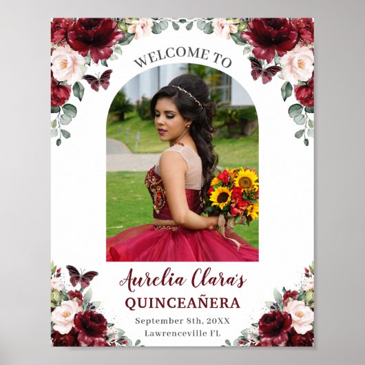Bourgondië Blush Bloemen Quinceañera Foto Welkom Poster (Voorkant)