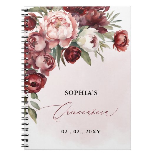 Bourgondië Blush Bloemen Quinceañera Gastenboek Notitieboek (Voorkant)