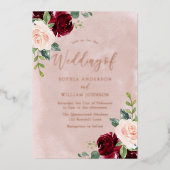 Bourgondië & Blush Bloemen Roos Folie bruiloft Uitnodiging (Voorkant)