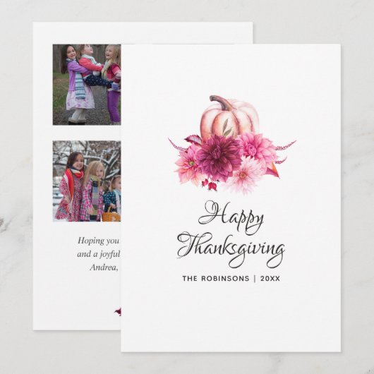 Bourgondië & Blush Bloemen Thanksgiving Fotocollag Feestdagenkaart (Voorkant / Achterkant)