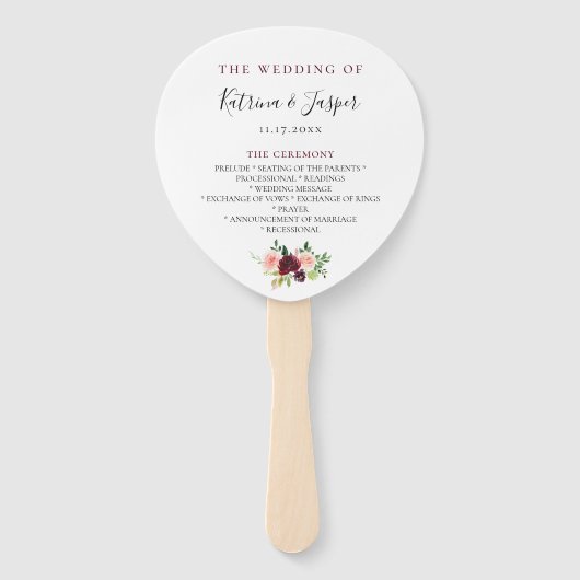 Bourgondië Blush Bloemen Trouwprogramma Hand Fans Handwaaier (Voorkant)