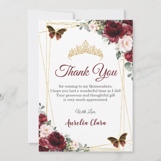 Bourgondië Blush Bloemen Vlinders Dank u kaart (Voorkant)