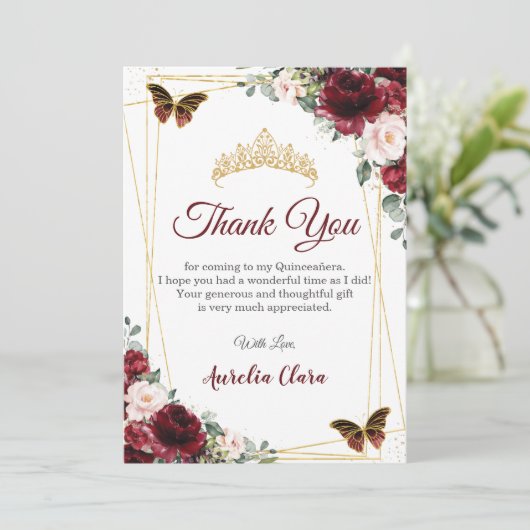 Bourgondië Blush Bloemen Vlinders Dank u kaart (Staand voorkant)