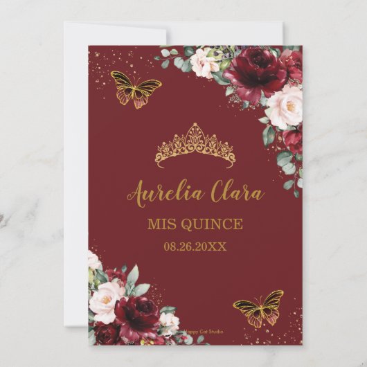 Bourgondië Blush Bloemen Vlinders Dank u kaart (Achterkant)