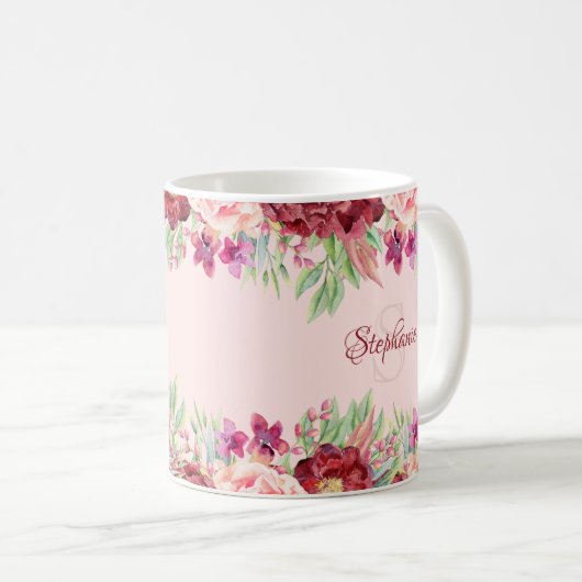 Bourgondië Blush Bloemen Waterverf Monogram Naam Koffiemok (Voorkant rechts)