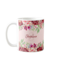 Bourgondië Blush Bloemen Waterverf Monogram Naam
