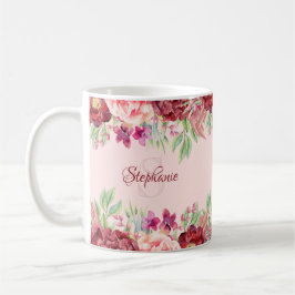 Bourgondië Blush Bloemen Waterverf Monogram Naam Koffiemok