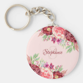 Bourgondië Blush Bloemen Waterverf Monogram Naam Sleutelhanger