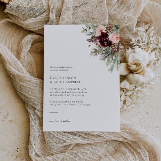 Bourgondië Blush Bloemen Winter bruiloft uitnodigi Kaart