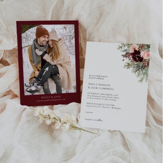 Bourgondië Blush Bloemen Winter bruiloft uitnodigi Kaart