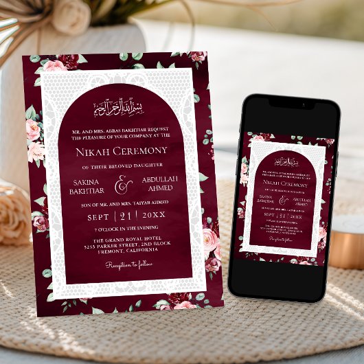 Bourgondië Blush Bloemen Wit Kant Moslim Bruiloft Kaart