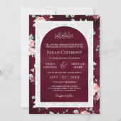 Bourgondië Blush Bloemen Wit Kant Moslim Bruiloft Kaart (Voorkant)