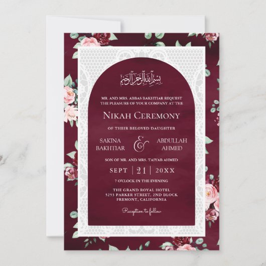 Bourgondië Blush Bloemen Wit Kant Moslim Bruiloft Kaart (Voorkant)