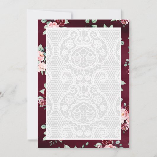 Bourgondië Blush Bloemen Wit Kant Moslim Bruiloft Kaart (Achterkant)