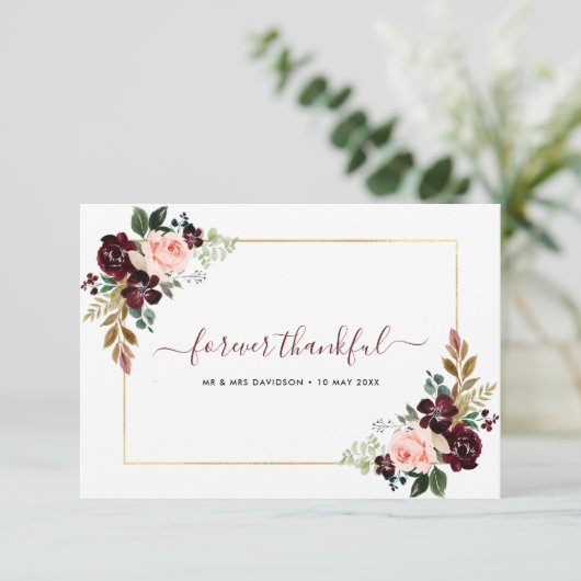 Bourgondië Blush bloemenbruiloft bedankje Bedankkaart (Staand voorkant)