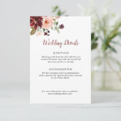 Bourgondië Blush bloemenbruiloft details kaart (Staand voorkant)