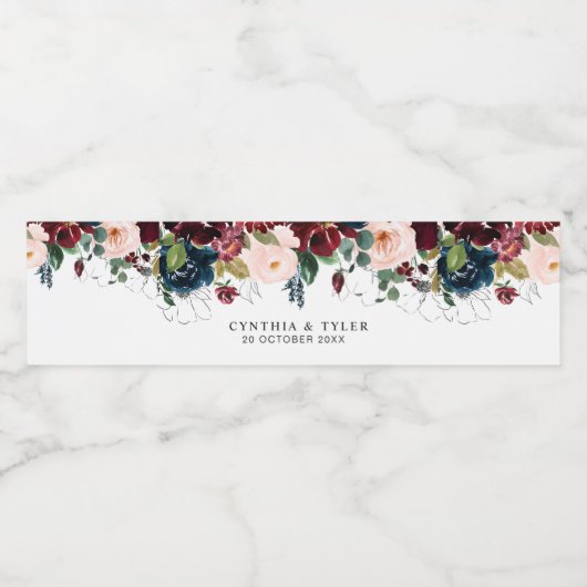 Bourgondië & Blush bloemenbruiloft Waterfles Etiket (Enkel label)