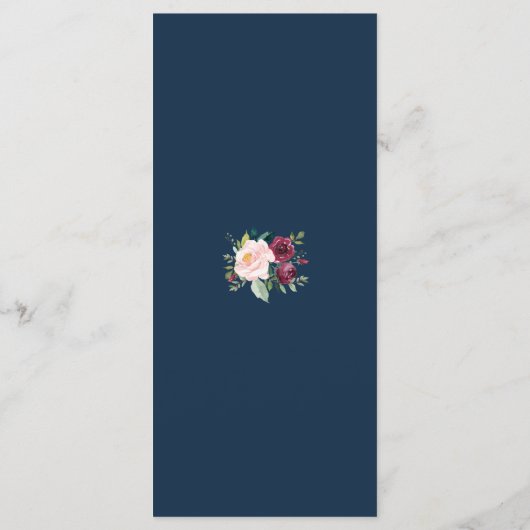 Bourgondië Blush Bloemendesign Navy Blauwe Trouwda Menu (Achterkant)