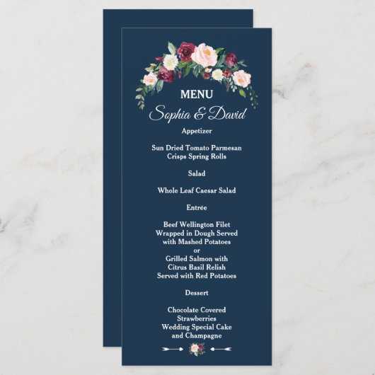 Bourgondië Blush Bloemendesign Navy Blauwe Trouwda Menu (Voorkant / Achterkant)