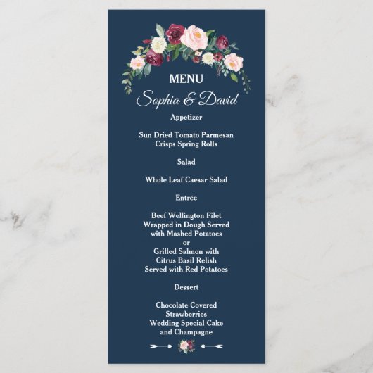 Bourgondië Blush Bloemendesign Navy Blauwe Trouwda Menu (Voorkant)