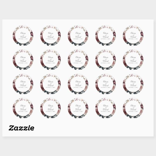 Bourgondië & Blush Boho Bloemen Rond Huwelijk Ronde Sticker (Vel)