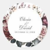 Bourgondië & Blush Boho Bloemen Rond Huwelijk Ronde Sticker (Voorkant)