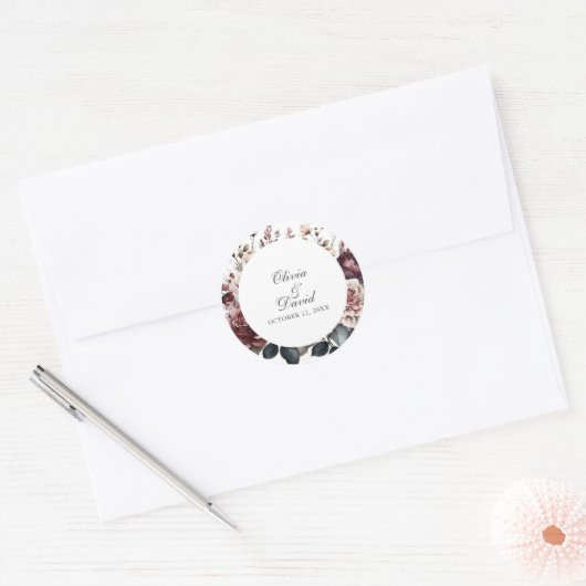 Bourgondië & Blush Boho Bloemen Rond Huwelijk Ronde Sticker (Envelop)