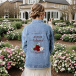 Bourgondië Blush Boho Rozen bruidsmeisje bruiloft  Denim Jacket<br><div class="desc">Dit spijkerjasje is ontworpen als een bedankje voor de bruidsmeisjes op je bruiloft. Het beschikt over een prachtig handbeschilderd waterverf ontwerp met een cluster van rozen in tinten van bordeaux, rood en blos roze, met eucalyptus bladeren en tuin groen. De titel luidt "Bruidsmeisje" in elegante letters, en er is ruimte...</div>