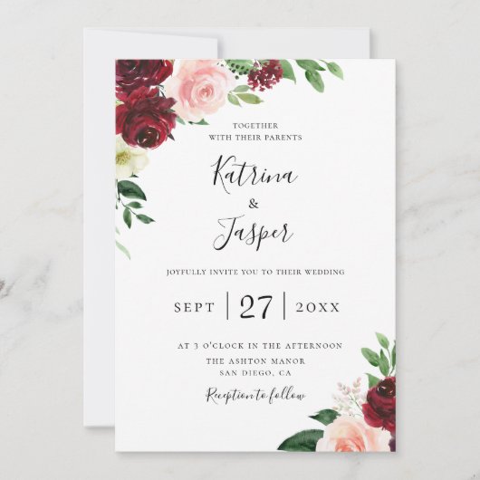 Bourgondië Blush Botanische Bloemen Bruiloft Uitno Kaart (Voorkant)