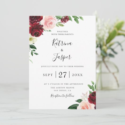 Bourgondië Blush Botanische Bloemen Bruiloft Uitno Kaart (Staand voorkant)
