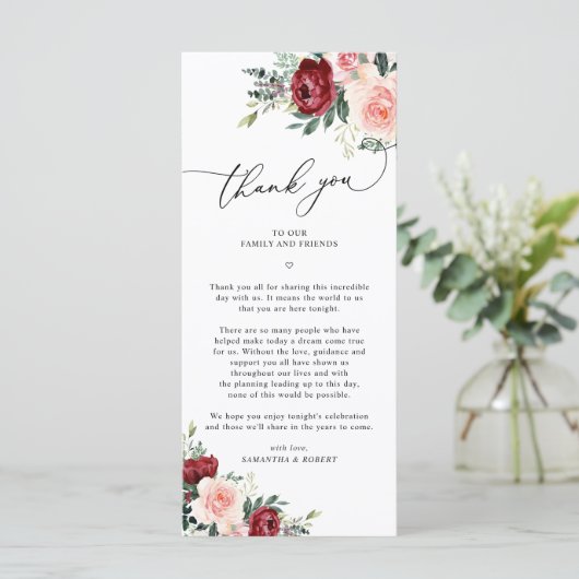 Bourgondië Blush Bruiloft Dank u Letter Kaart (Staand voorkant)