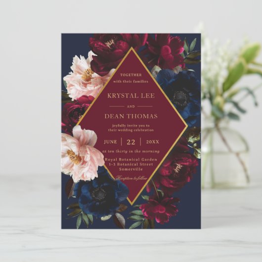 Bourgondië Blush Donker Navy Blauw Bloemen Goud Br Kaart (Staand voorkant)