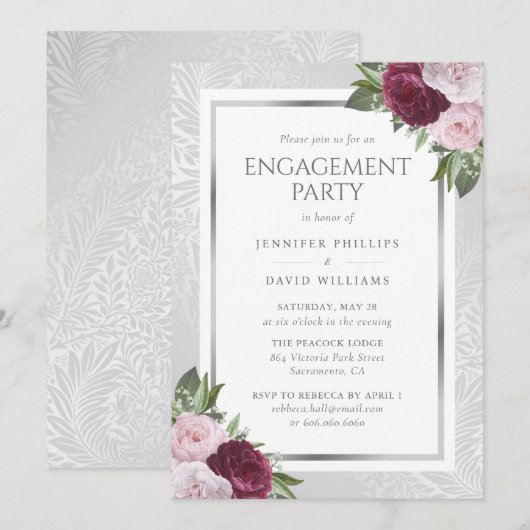 Bourgondië Blush en Zilver Bloemen Verlovingsfeest Kaart (Voorkant / Achterkant)