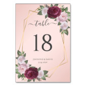 Bourgondië Blush Goud Bloemen Bruiloft Tafel Numme Kaart (Achterkant)