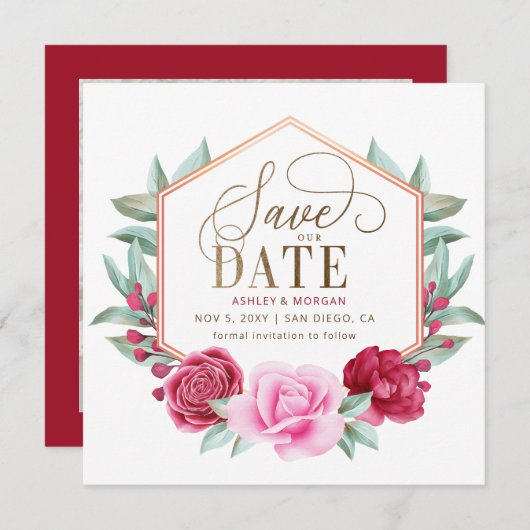 Bourgondië Blush Goud Bloemen Foto Save the Date Aankondiging (Voorkant / Achterkant)
