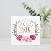 Bourgondië Blush Goud Bloemen Foto Save the Date Aankondiging (Staand voorkant)