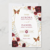 Bourgondië Blush Goud Bloemen Vlinder Bruiloft Kaart (Voorkant)