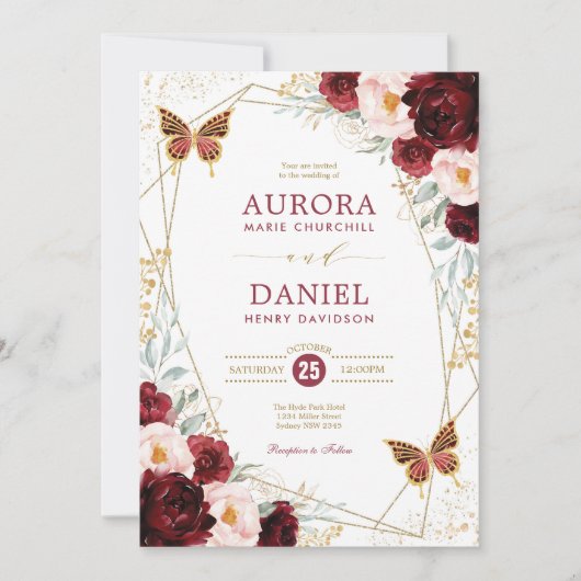 Bourgondië Blush Goud Bloemen Vlinder Bruiloft Kaart (Voorkant)
