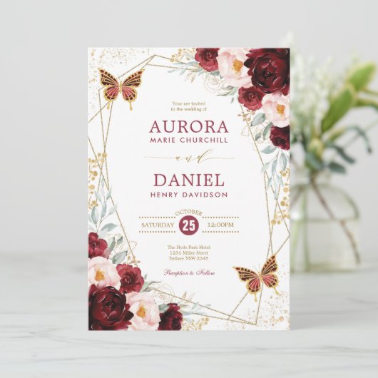 Bourgondië Blush Goud Bloemen Vlinder Bruiloft Kaart (Staand voorkant)