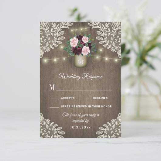 Bourgondië Blush Goud Mason Jar Bruiloft RSVP Kaar (Staand voorkant)