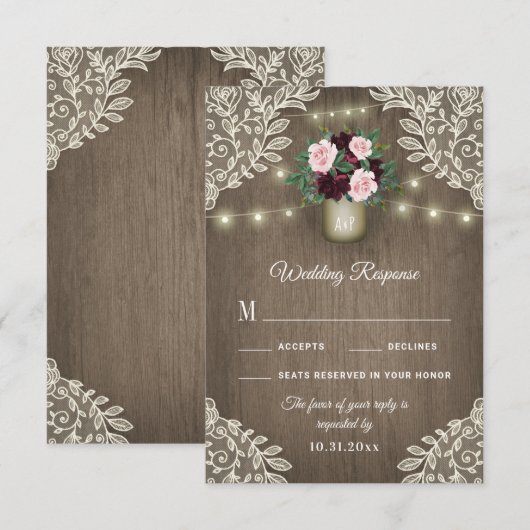 Bourgondië Blush Goud Mason Jar Bruiloft RSVP Kaar (Voorkant / Achterkant)