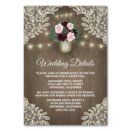 Bourgondië Blush Goud Mason Jar Trouwinzetstuk Kaa Kaart (Voorkant)