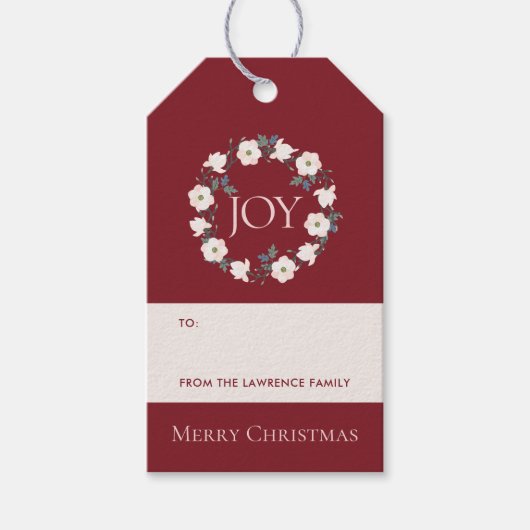 Bourgondië Blush krans Vreugde Bloemen Kerstvakant Cadeaulabel (Voorkant)