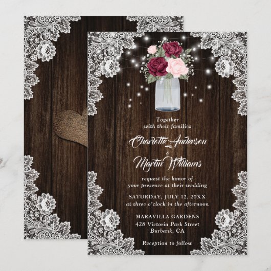 Bourgondië Blush Mason Jar Kant Bloemen Bruiloft Kaart (Voorkant / Achterkant)