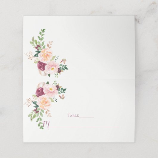 Bourgondië Blush Mauve Bloemen Boeket Place Cards Plaatskaartje (Buitenkant ongevouwen)