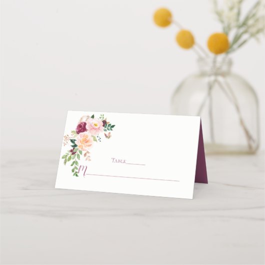 Bourgondië Blush Mauve Bloemen Boeket Place Cards Plaatskaartje (Voorkant)
