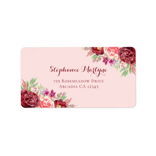 Bourgondië Blush Modern Waterverf Bloemen Etiket (Voorkant)