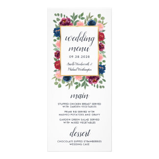 Bourgondië Blush Navy Blauw Goud Bruiloft Menu Kaa