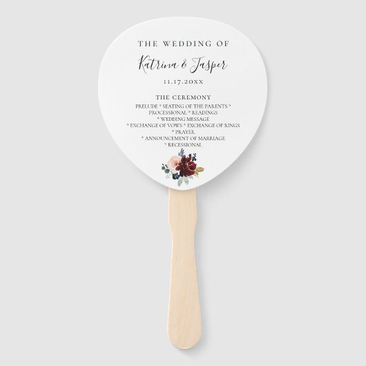 Bourgondië Blush Navy Bloemen Huwelijk Programma Handwaaier (Voorkant)