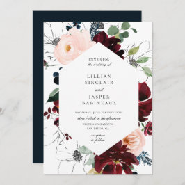 Bourgondië Blush Navy Bloemen Lijst Bruiloft Kaart